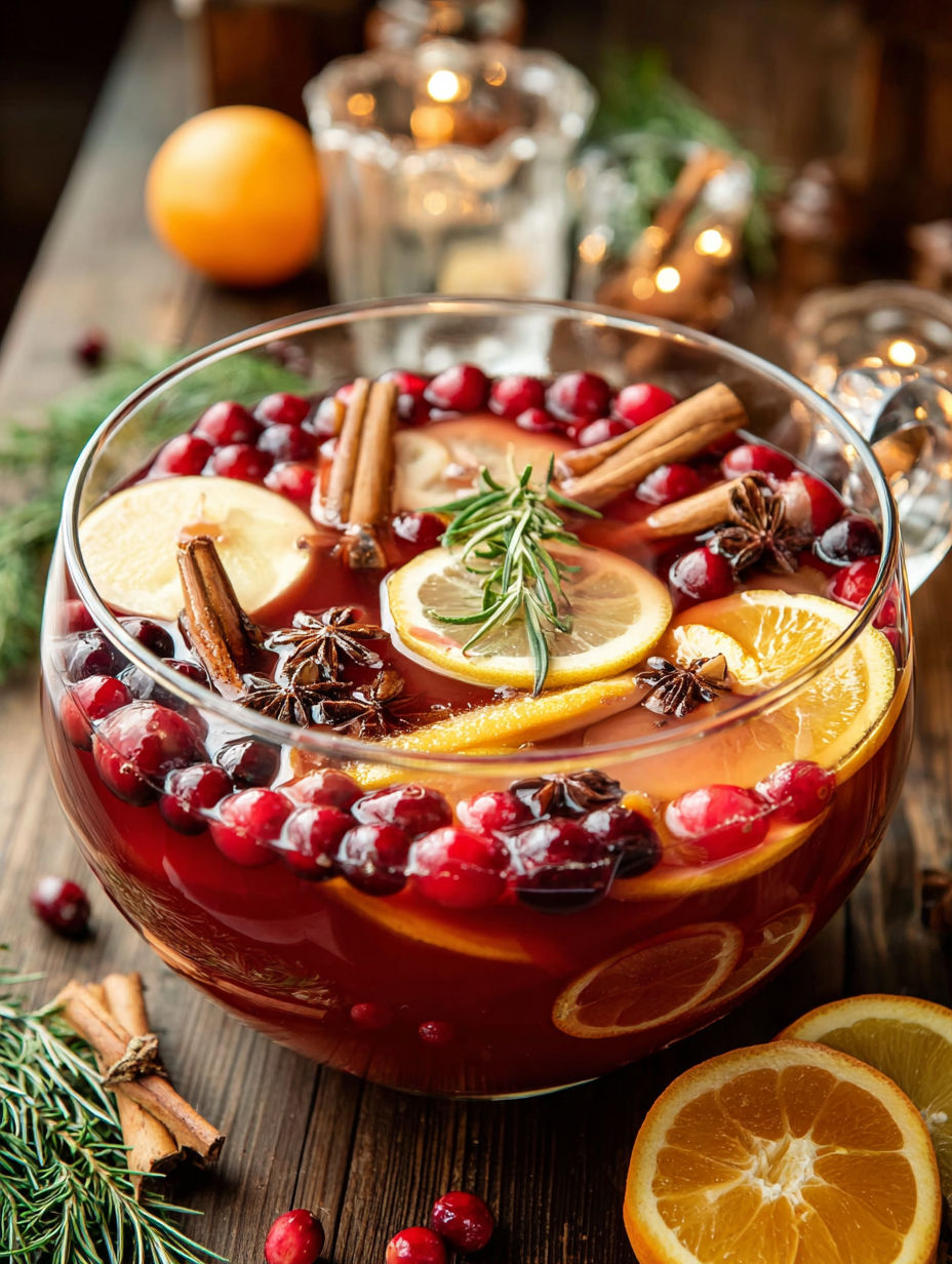 A bowl of fruit and spices, including oranges, lemons, and cinnamon, is ready to be mixed into a holly jolly spiced Christmas punch.