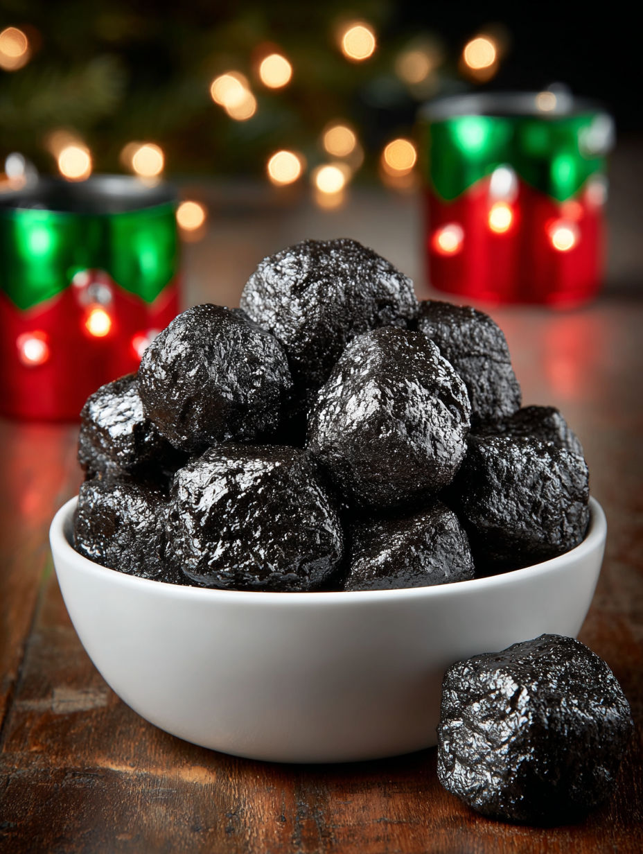 A bowl of coal candy sits on a table.