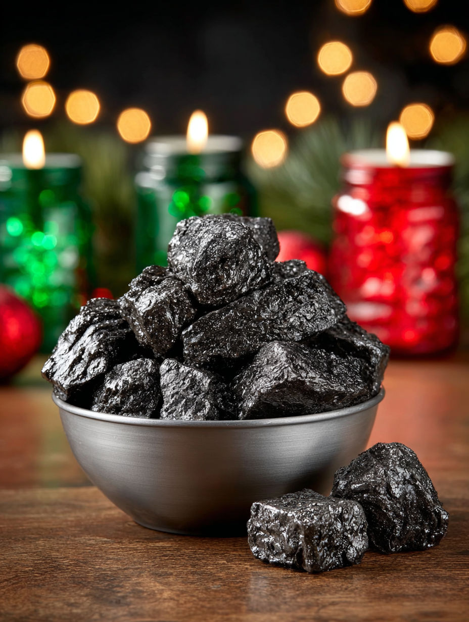 A bowl of coal candy sits on a table.