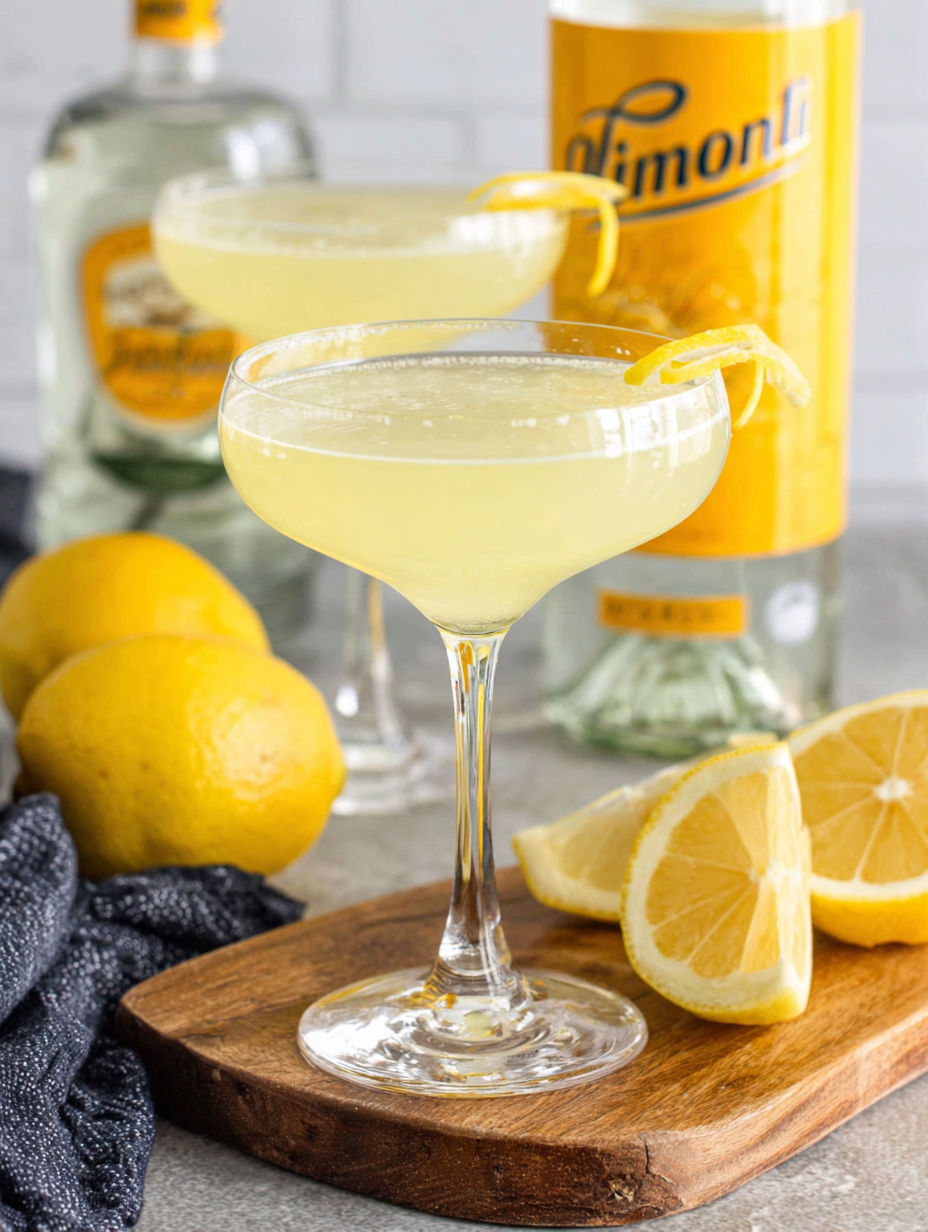 A glass of Limoncello Martini with a lemon wedge.