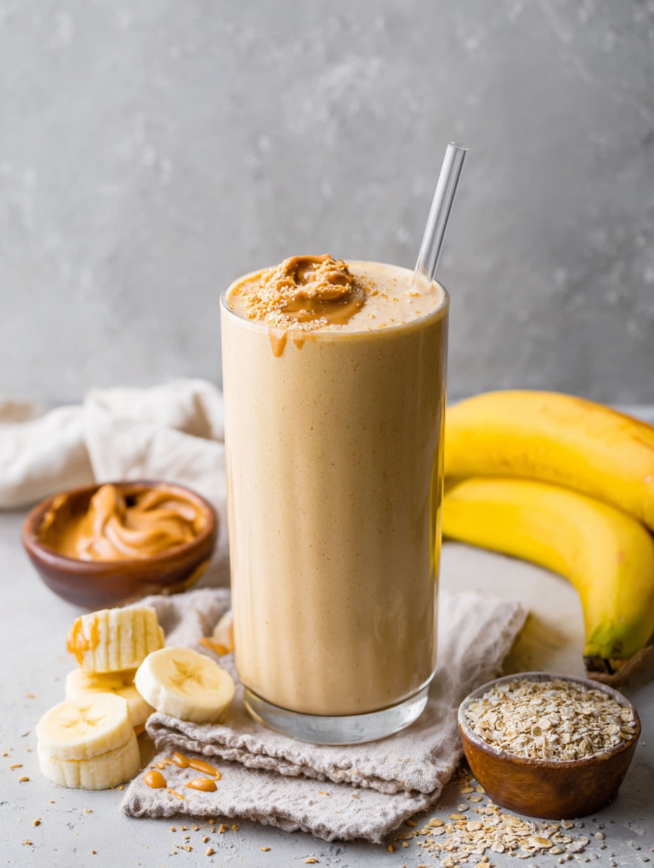 A glass of banana protein smoothie with peanut butter.