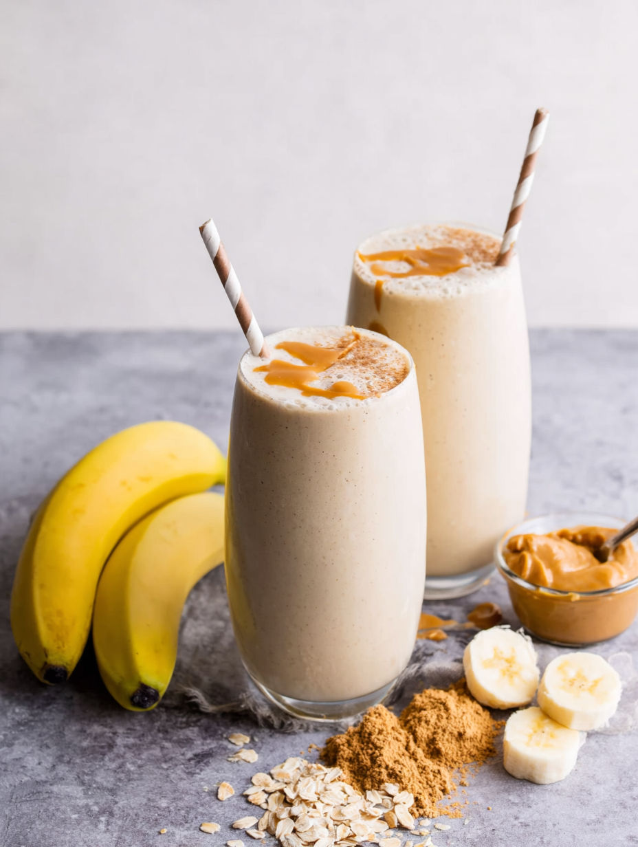 Two glasses of banana protein smoothie with peanut butter.