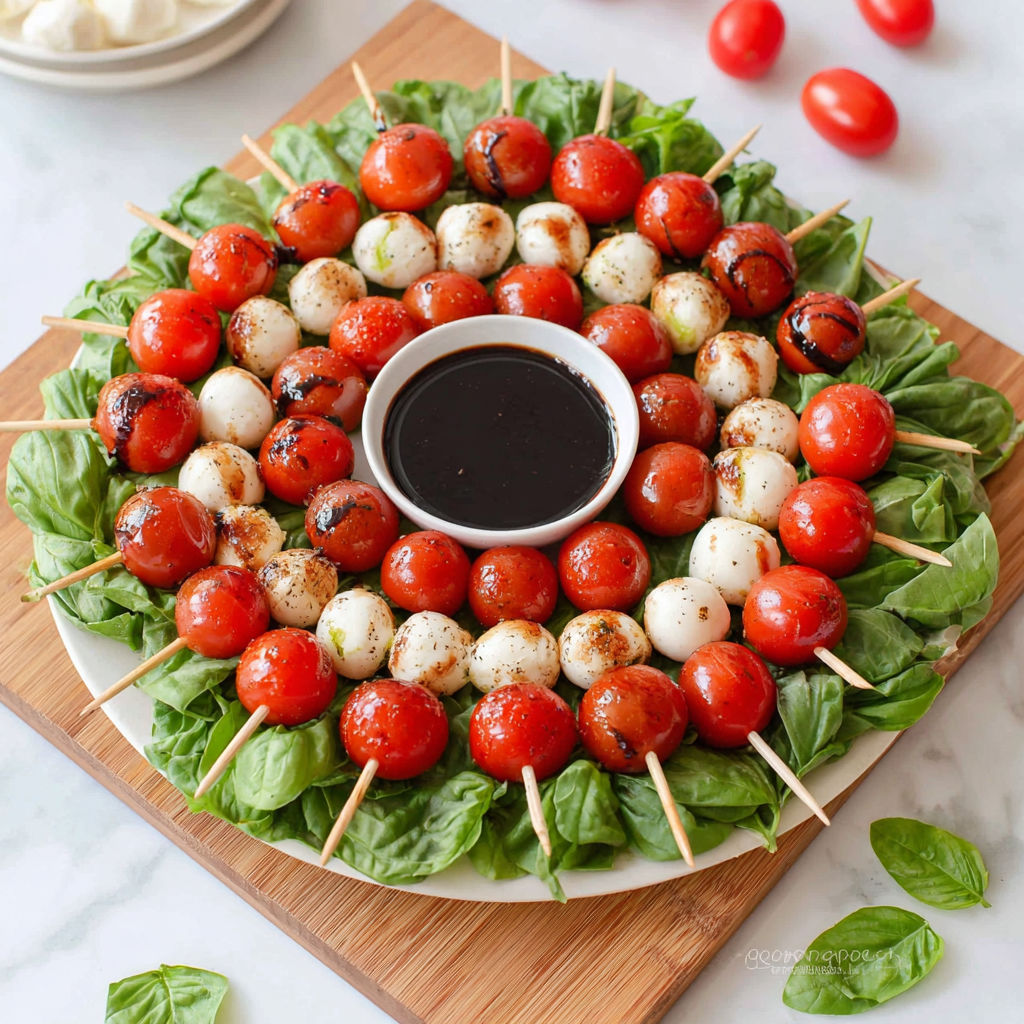 Caprese skewers with tomatoes and basil.