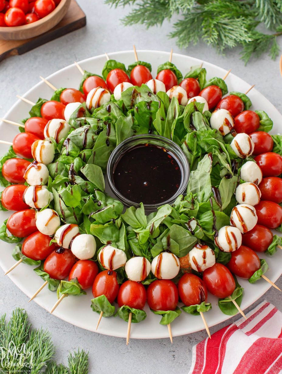 Caprese wreath skewers with tomatoes and cheese.