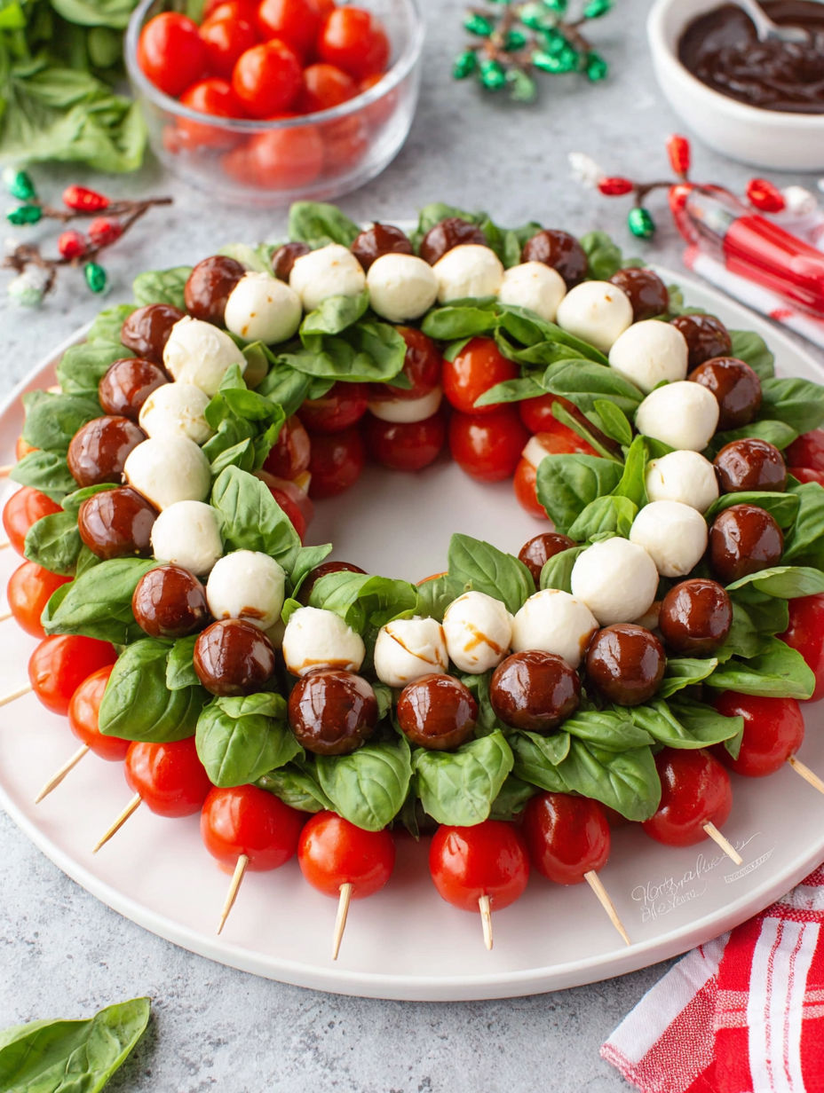 Caprese wreath skewers with tomatoes and cheese.