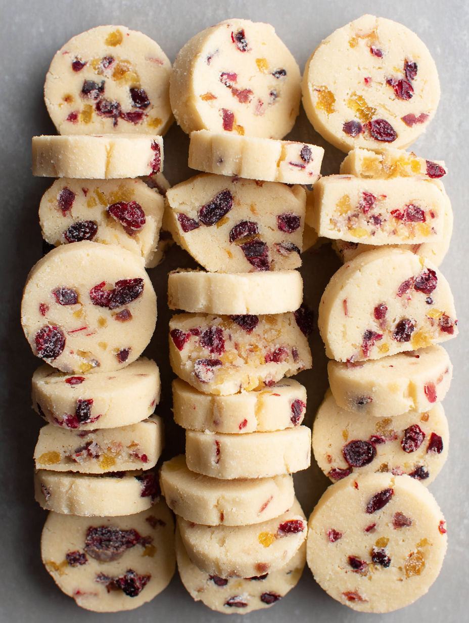 A stack of orange cranberry shortbread cookies.