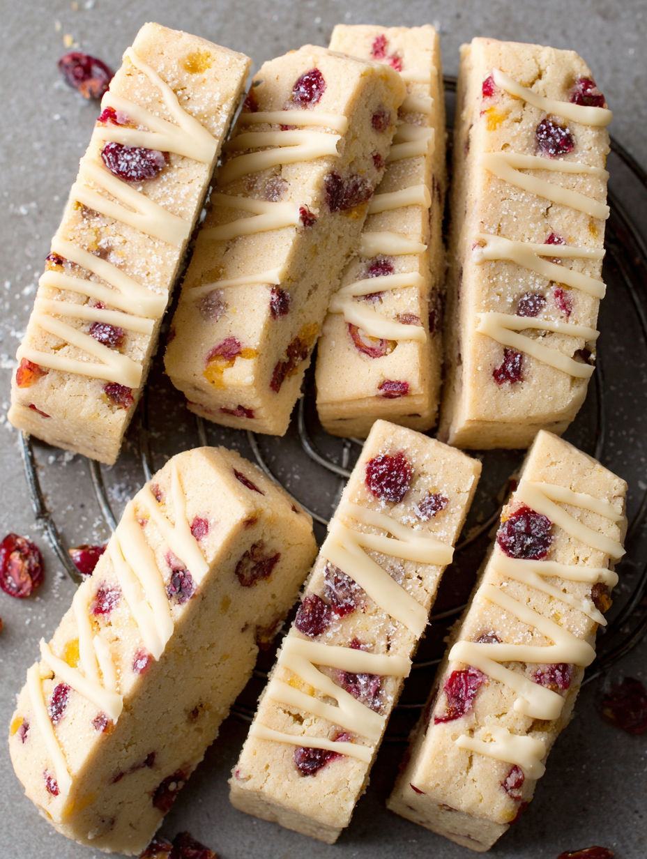 Orange cranberry shortbread cookies on a wire rack.