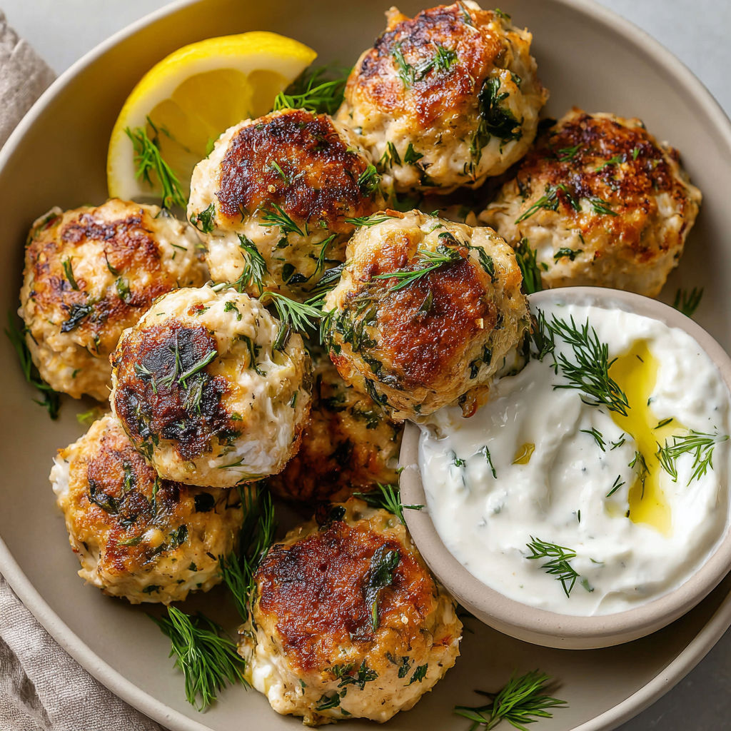 A bowl of meatballs with a side of yogurt and lemon.