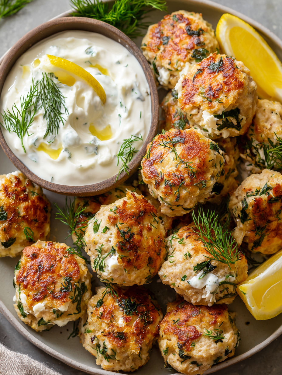 A plate of meatballs with a bowl of yogurt and lemon wedges.