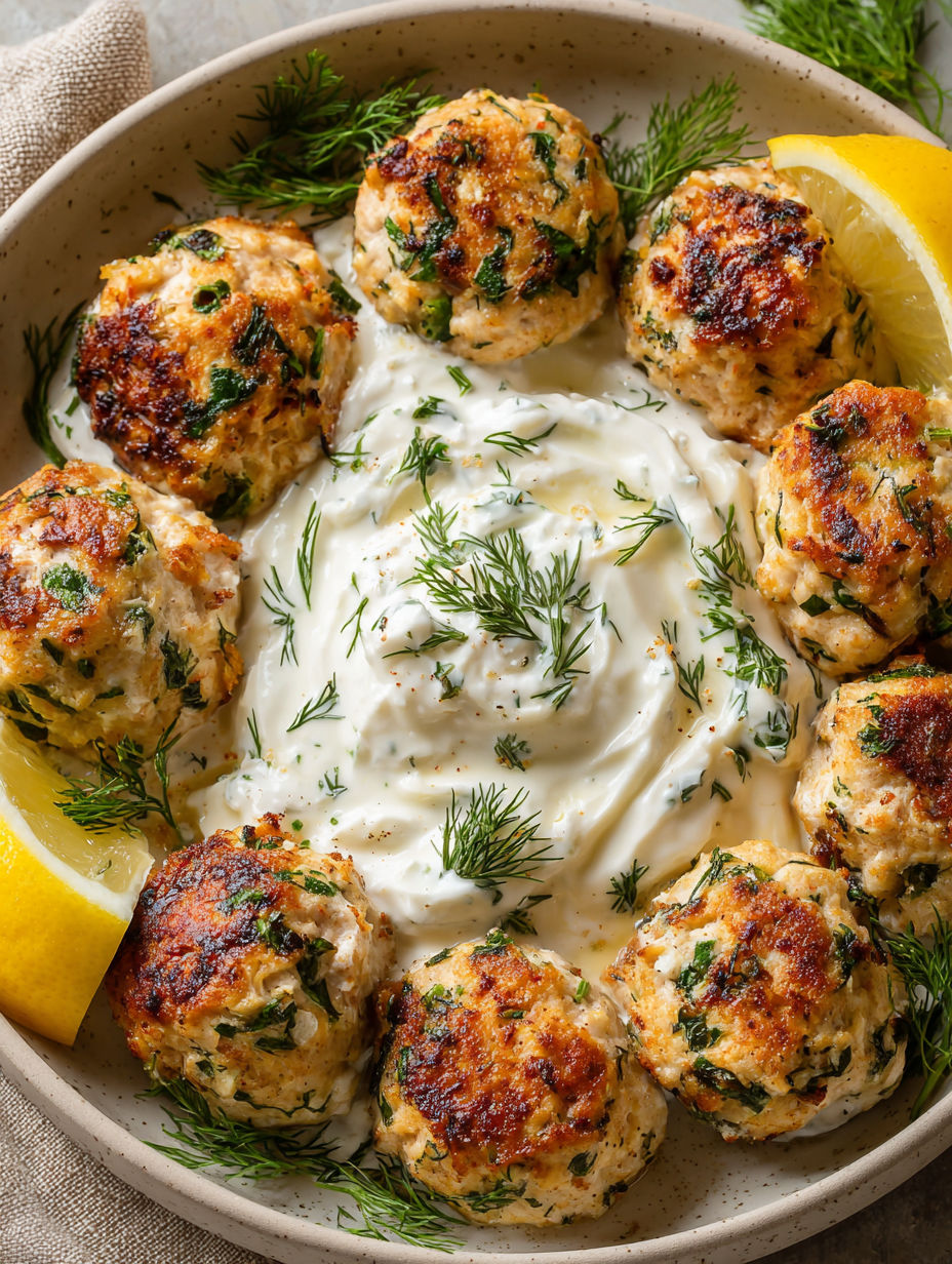 A plate of meatballs with a white sauce and a lemon wedge.