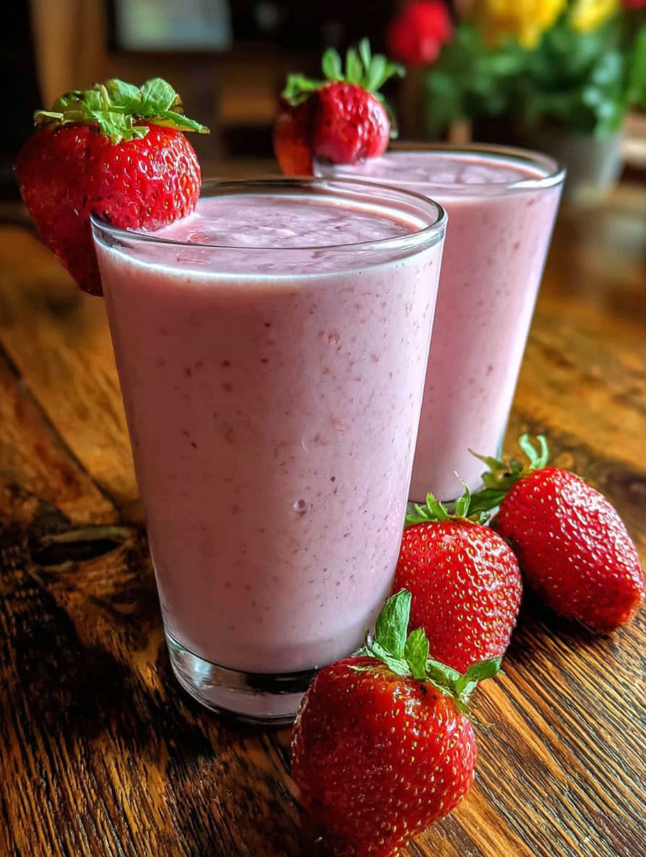 Two glasses of strawberry yogurt smoothie.