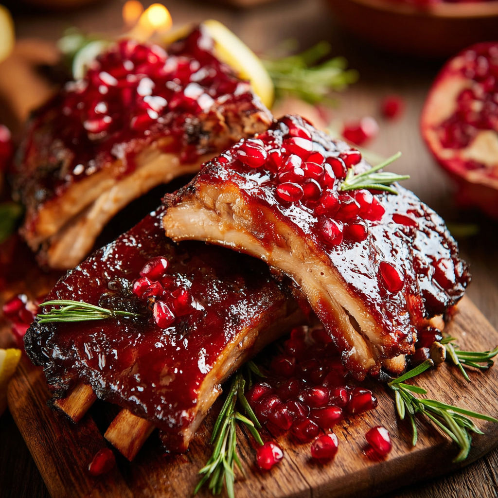 A close up of a delicious ribs dish with pomegranate glaze.