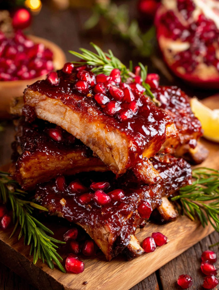 A close up of some delicious ribs with a glaze of pomegranate.