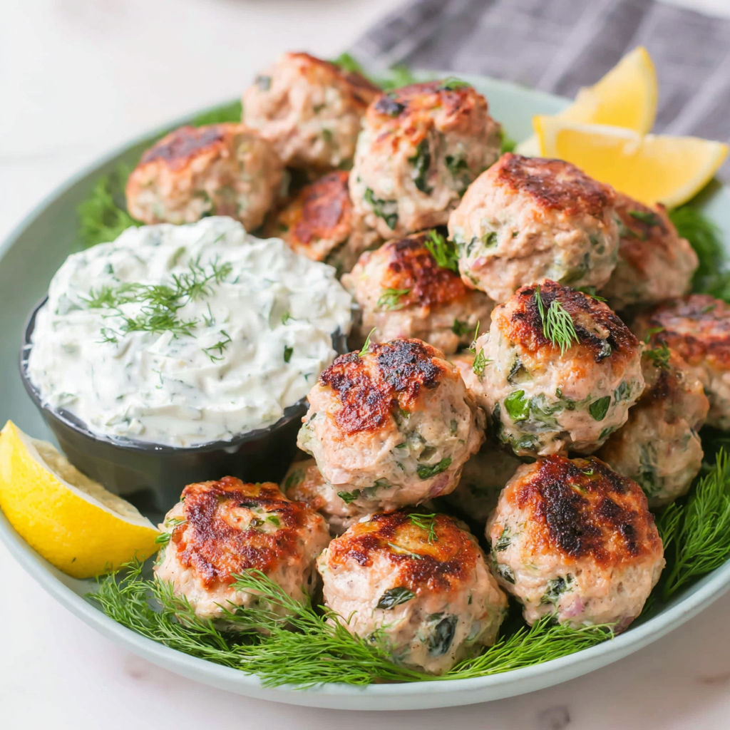 A plate of meatballs with a bowl of sauce and a lemon wedge.