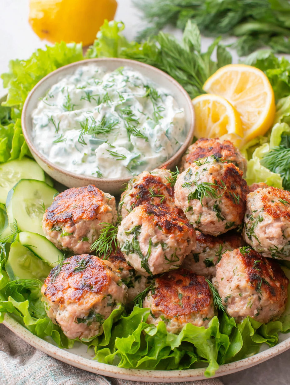 A bowl of meatballs with a side of tzatziki sauce.