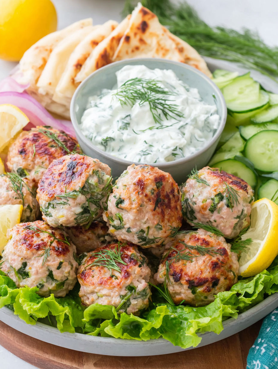 A plate of meatballs with a bowl of tzatziki sauce.