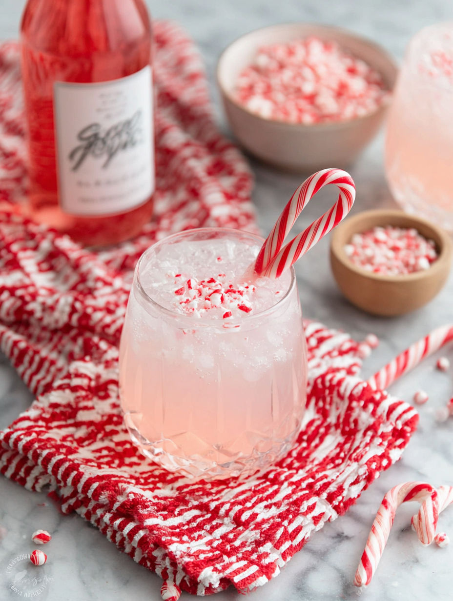 A glass of pink fizz with a candy cane stirrer.