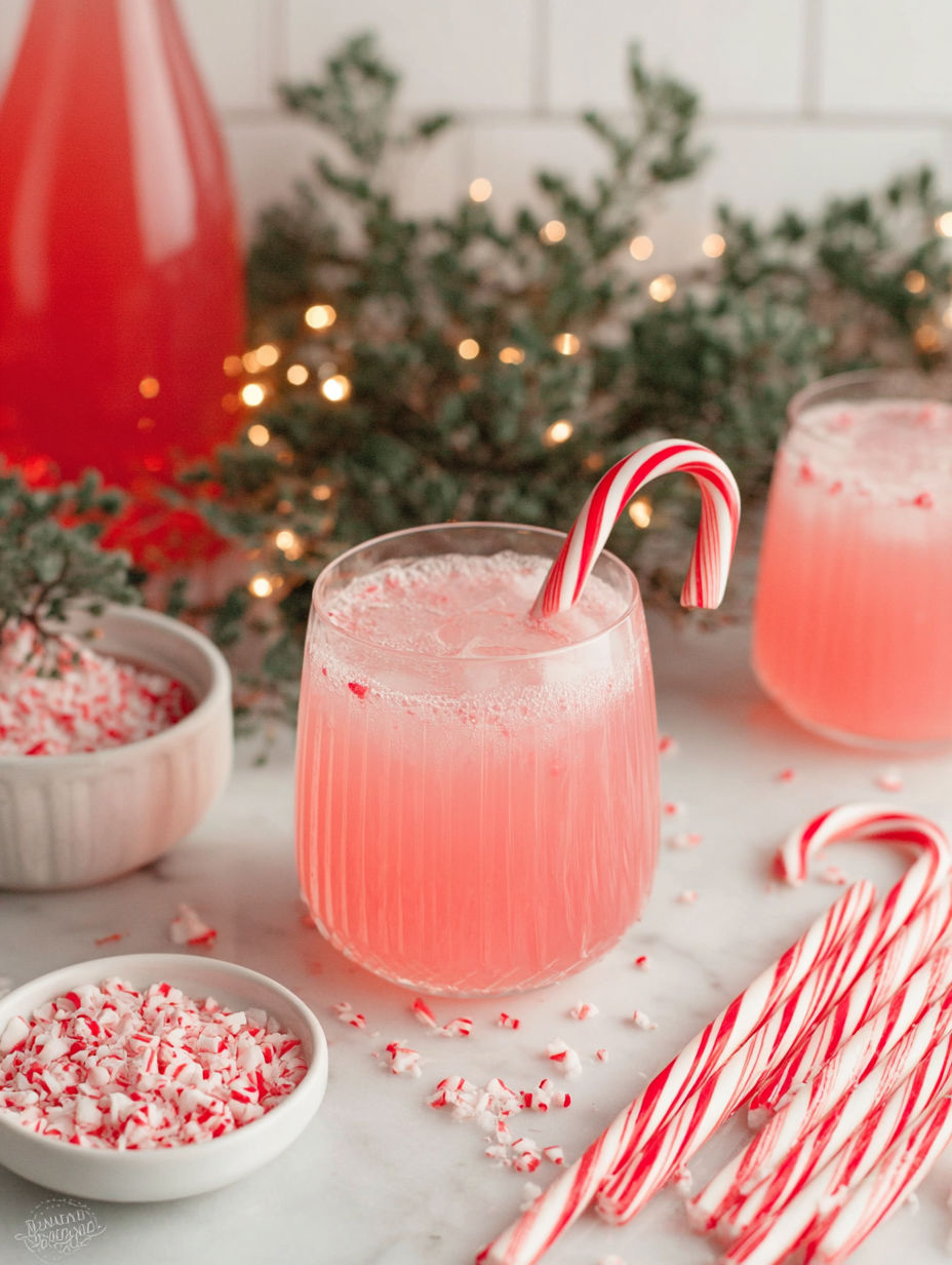 A glass of pink fizz with a candy cane in it.
