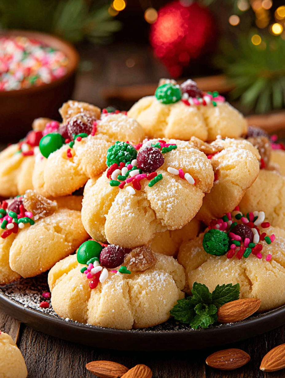 A plate of cookies with candy canes on top.