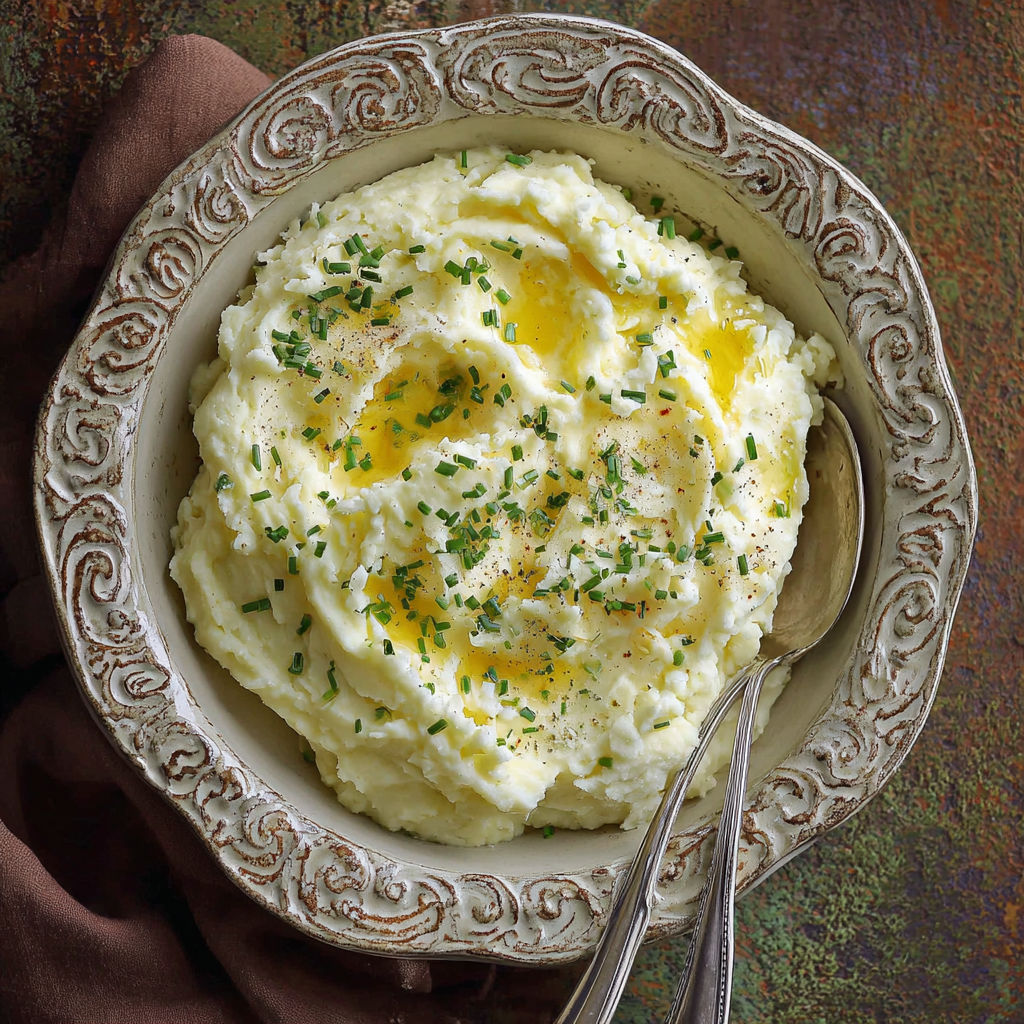 A bowl of creamy mashed potatoes.