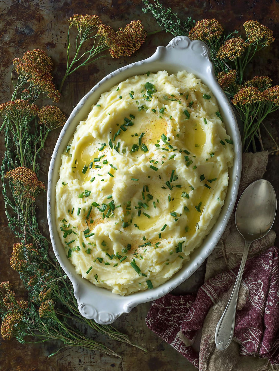 A bowl of mashed potatoes with green herbs on top.