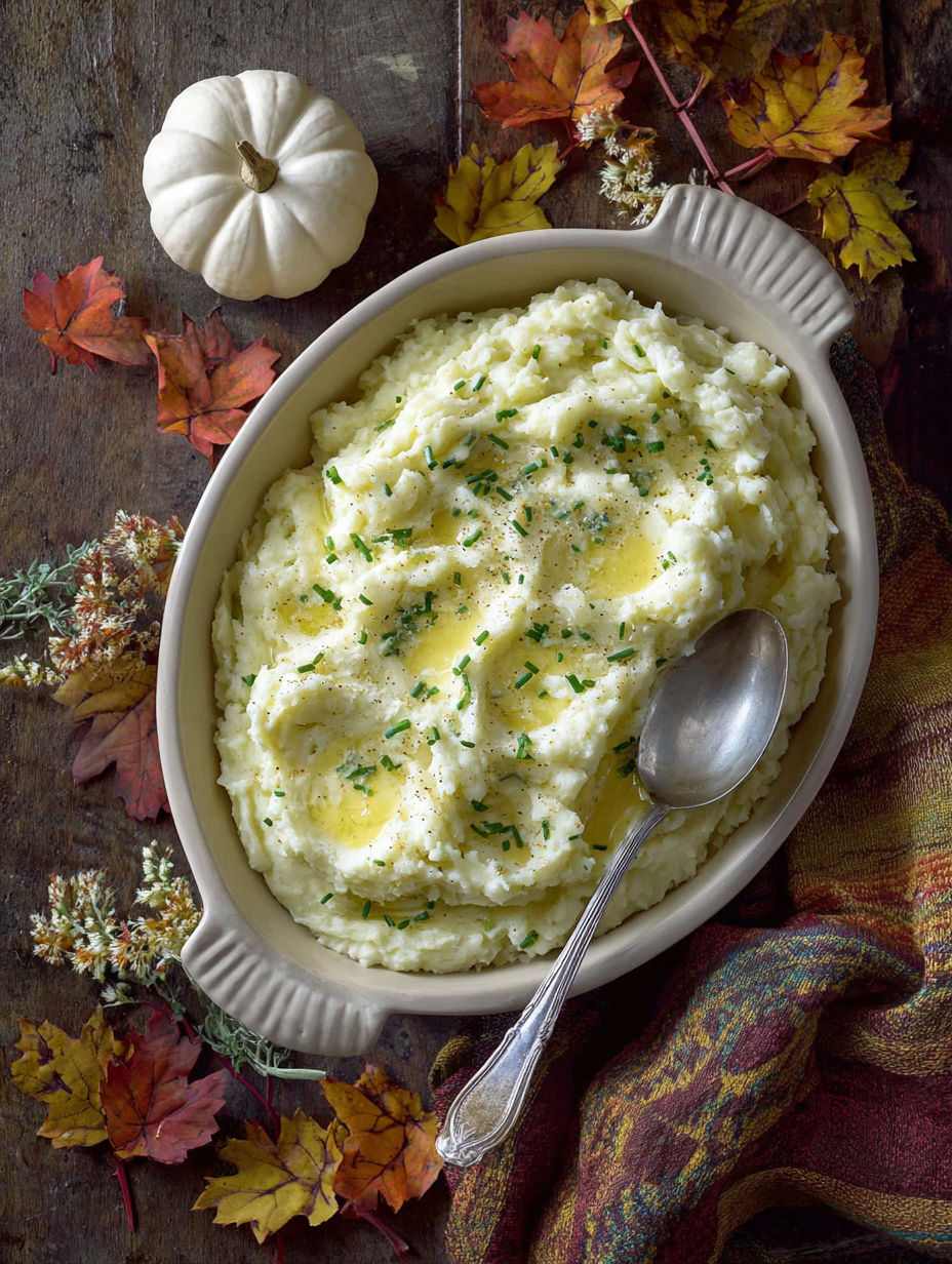 A bowl of mashed potatoes with a spoon in it.