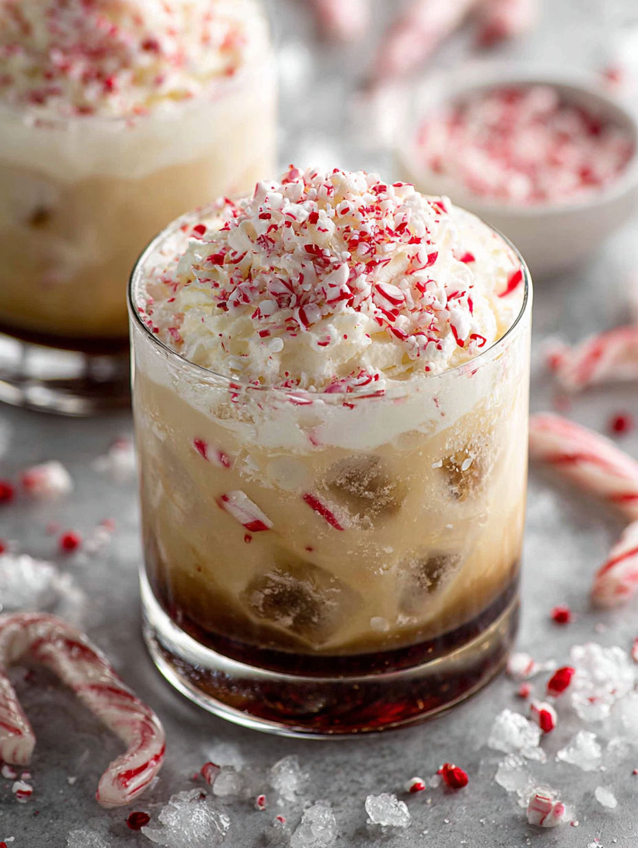 A glass of white russian with red and white sprinkles.
