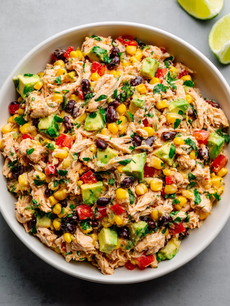 A bowl of chicken salad with avocado, tomatoes, and corn.