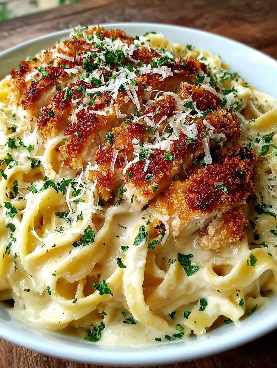 A plate of chicken fettuccine alfredo.