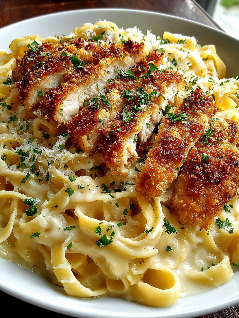 A plate of chicken fettuccine alfredo.