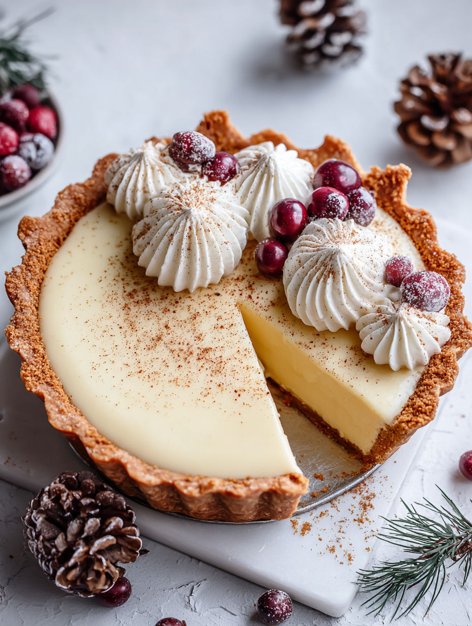A slice of eggnog pie with whipped cream on top.
