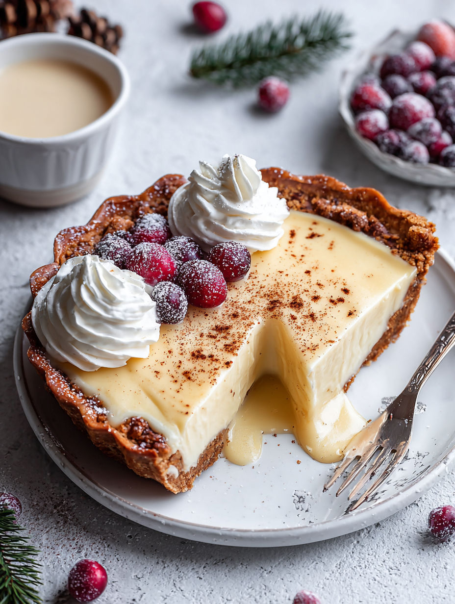 A slice of eggnog pie with whipped cream on top.
