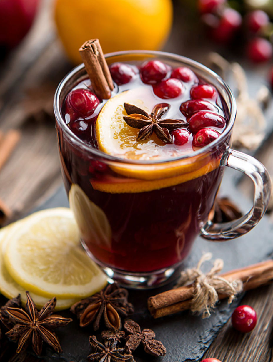 A glass of red wine with a lemon wedge and cinnamon stick in it.