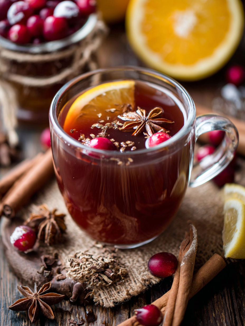 A glass of wassail with a cinnamon stick and a lemon wedge.