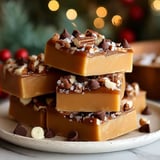 A stack of toffee bars with nuts and chocolate chips.