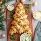 A garlic-herb pull-apart crescent tree on a wooden board.