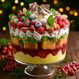 A glass bowl filled with a Christmas trifle.