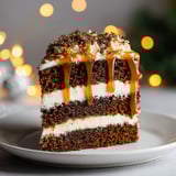 A slice of gingerbread cake with cinnamon and molasses frosting.