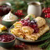A plate of crepes with berries and whipped cream.