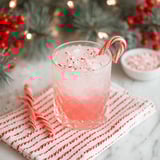 A glass of pink fizz with a candy cane in it.