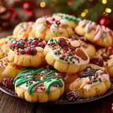 A plate of cookies with candy canes on top.