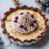 A slice of eggnog pie with whipped cream and berries on top.