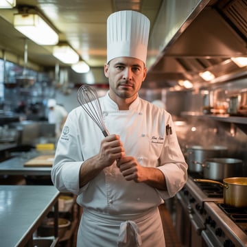 A chef wearing a white hat and apron holding a whisk.