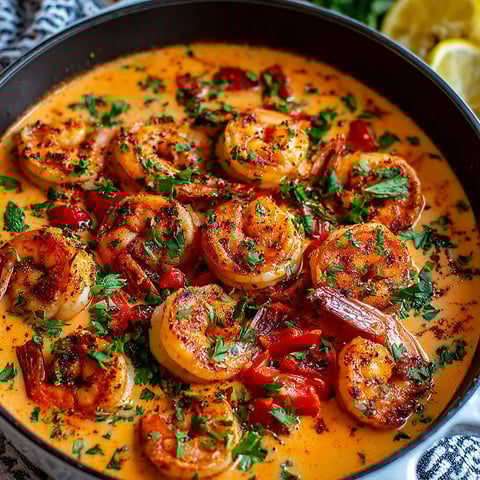 A bowl of shrimp with a creamy garlic paprika sauce.