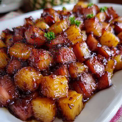 A plate of ham with brown sugar pineapple sauce.