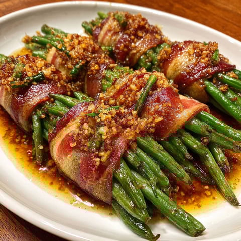 Green bean bundles with bacon wrapped around them.