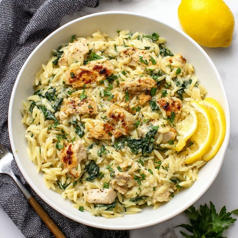 A bowl of chicken and pasta with a lemon wedge on the side.