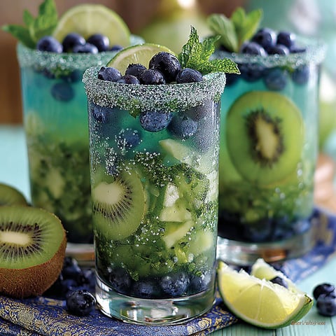 A glass of blueberry kiwi mojito cocktail.