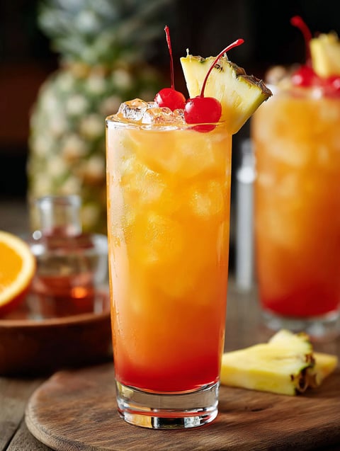 A glass of a Virgin Island Breeze cocktail.
