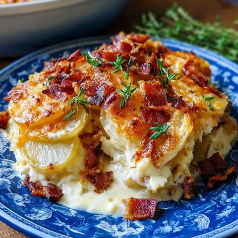 A plate of loaded scalloped potatoes.